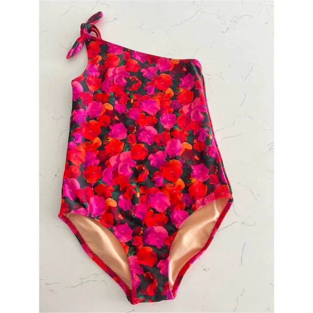 Crewcuts Girl one shoulder Swimsuit pansy floral Size 6-7 NWT